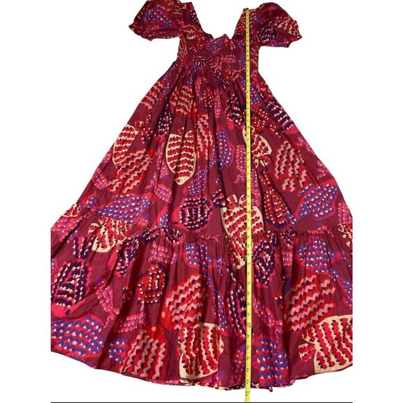Farm Rio Anthropologie  Puff-Sleeve Smocked Maxi Dress Red Multi Small - Picture 4 of 11